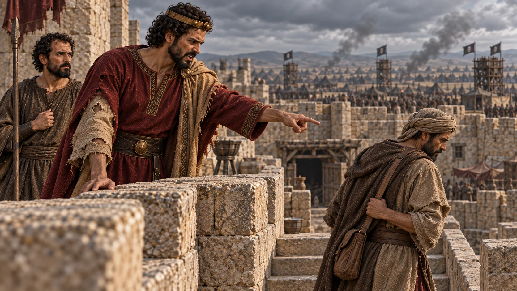 On the wall, Jehoram angrily sends a messenger toward Elisha while the siege continues beyond Samaria.