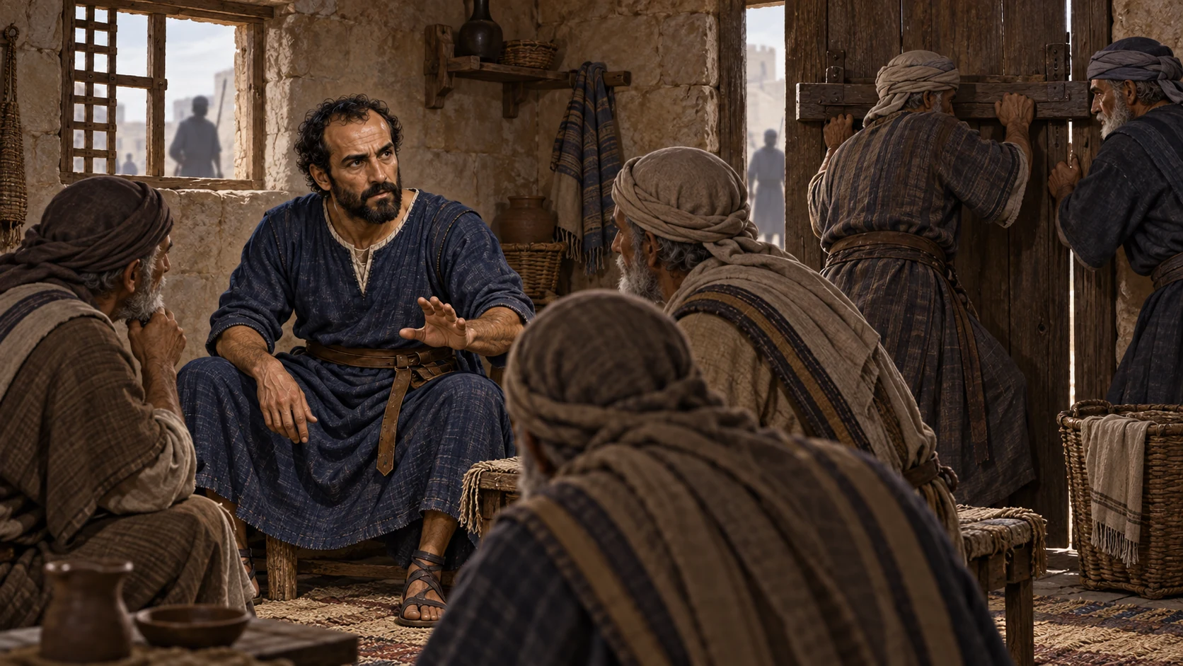Elisha sits with elders in his house and warns them that the king’s messenger is coming; they secure the door.
