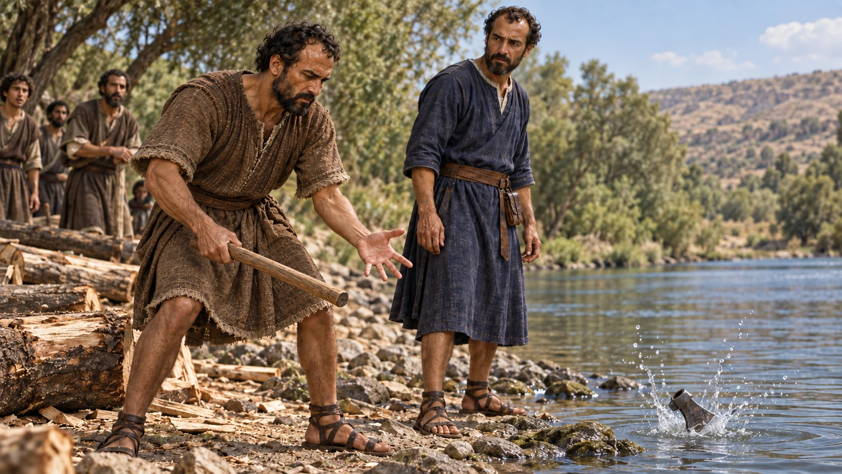 The iron axe head flies from a student’s handle into the river; he cries out because it was borrowed.