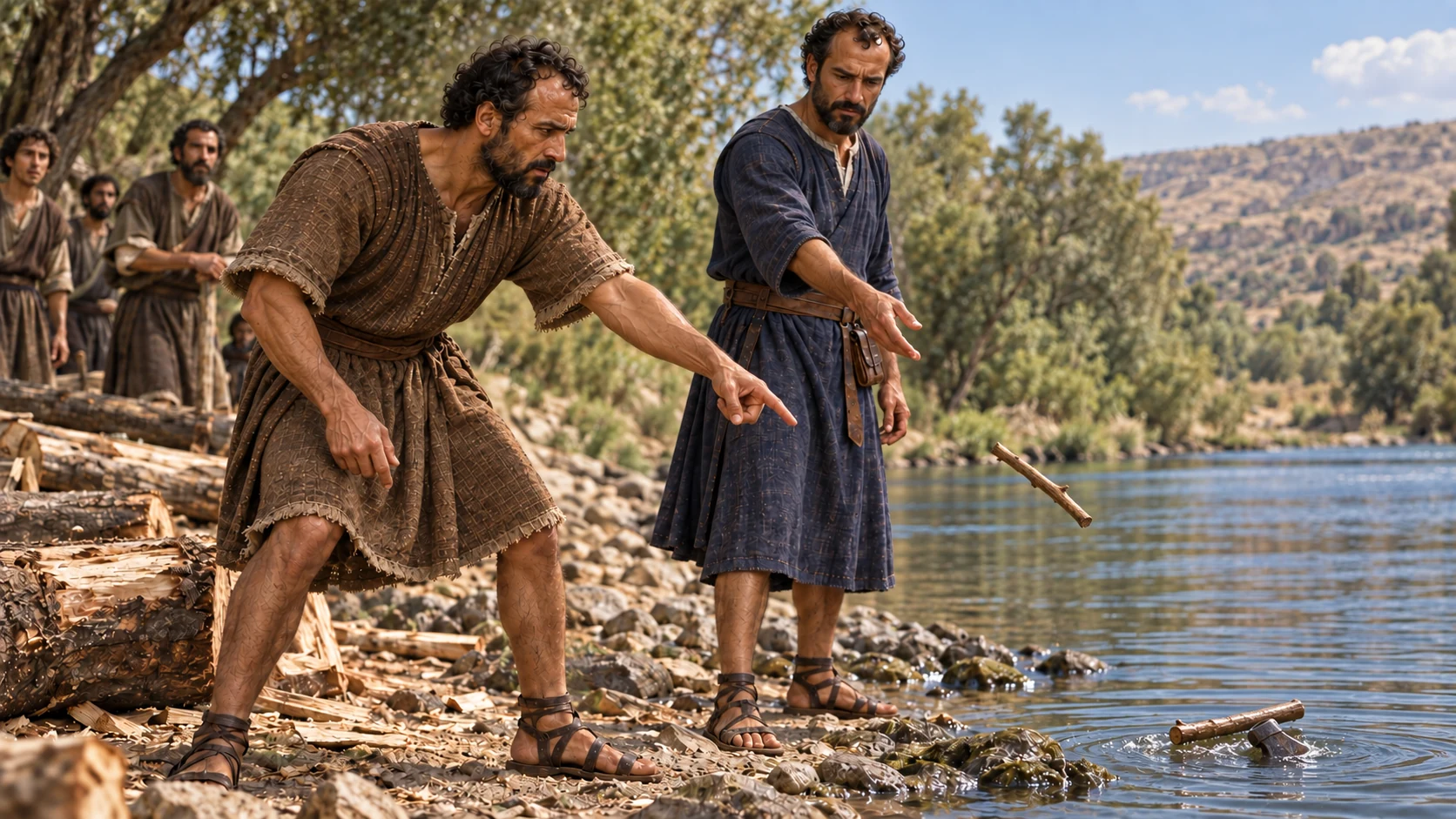 Elisha casts a cut stick into the water at the place shown, and the iron axe head floats.