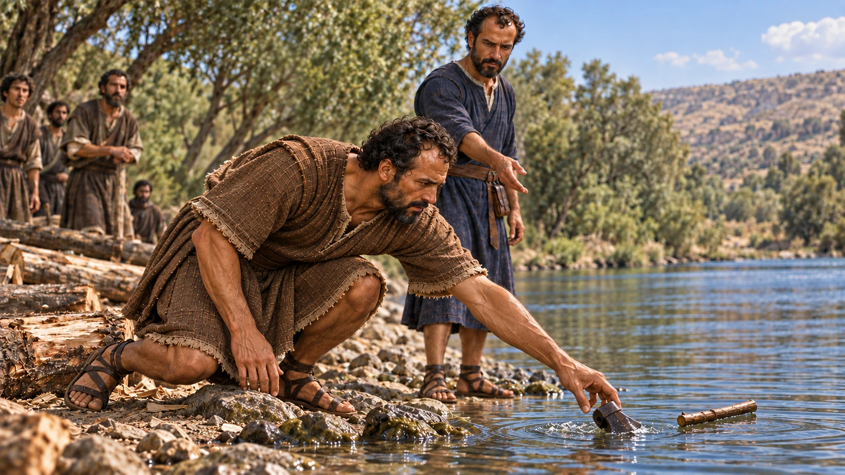 The student reaches into the Jordan and takes the floating axe head.