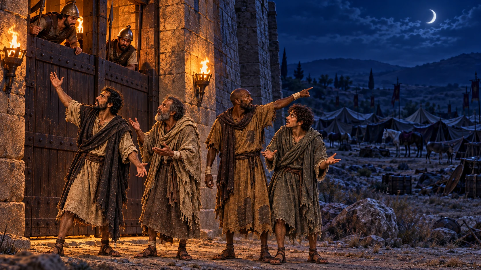 The four men call to Samaria’s gatekeepers and describe the silent camp with tethered animals and intact tents.