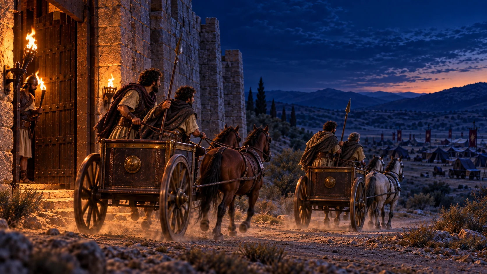 Jehoram sends two horse-drawn chariots toward the Aramean camp to learn what happened.