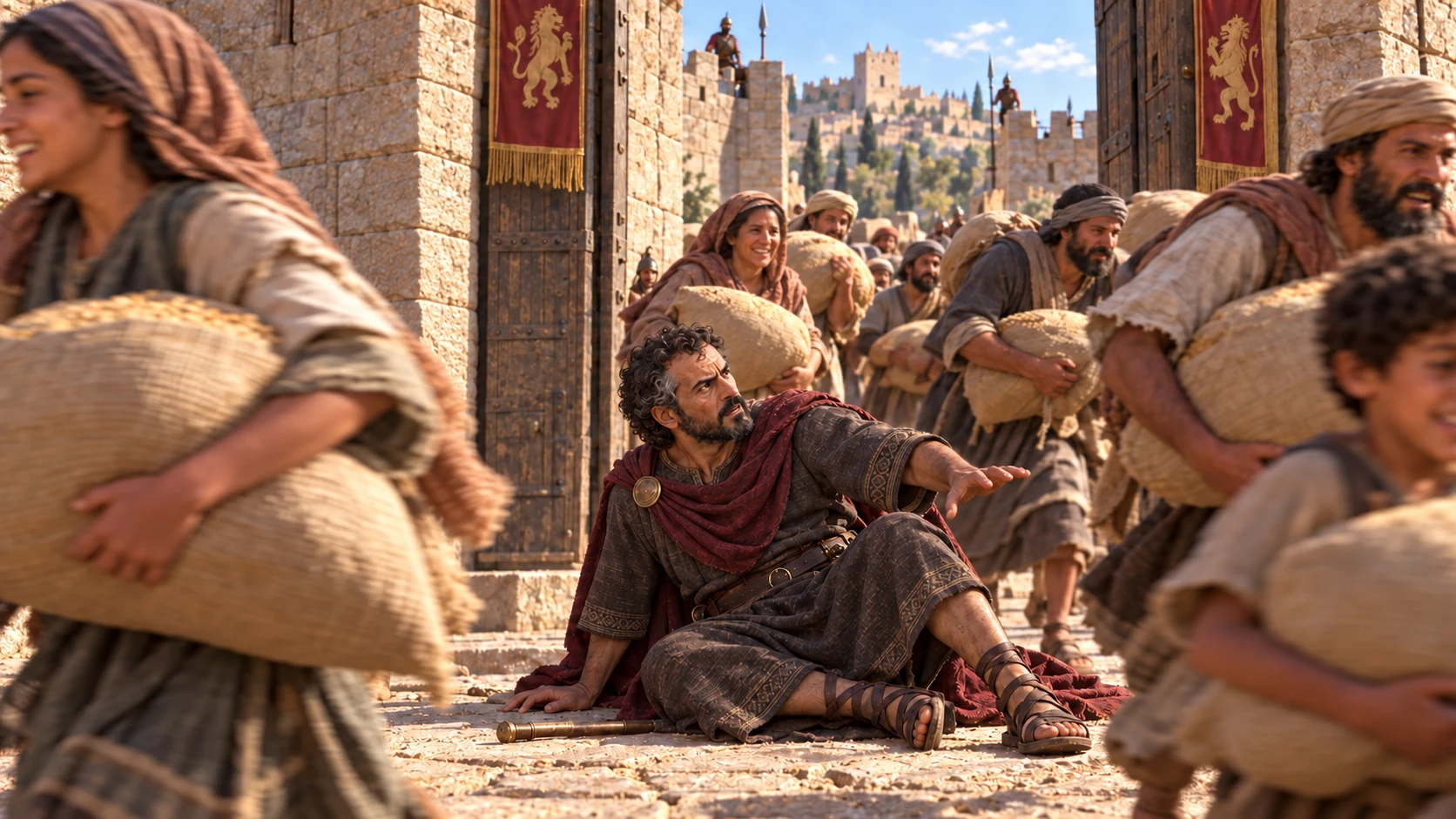The king’s officer oversees the crowded gate, but the rushing people knock him down and he dies.