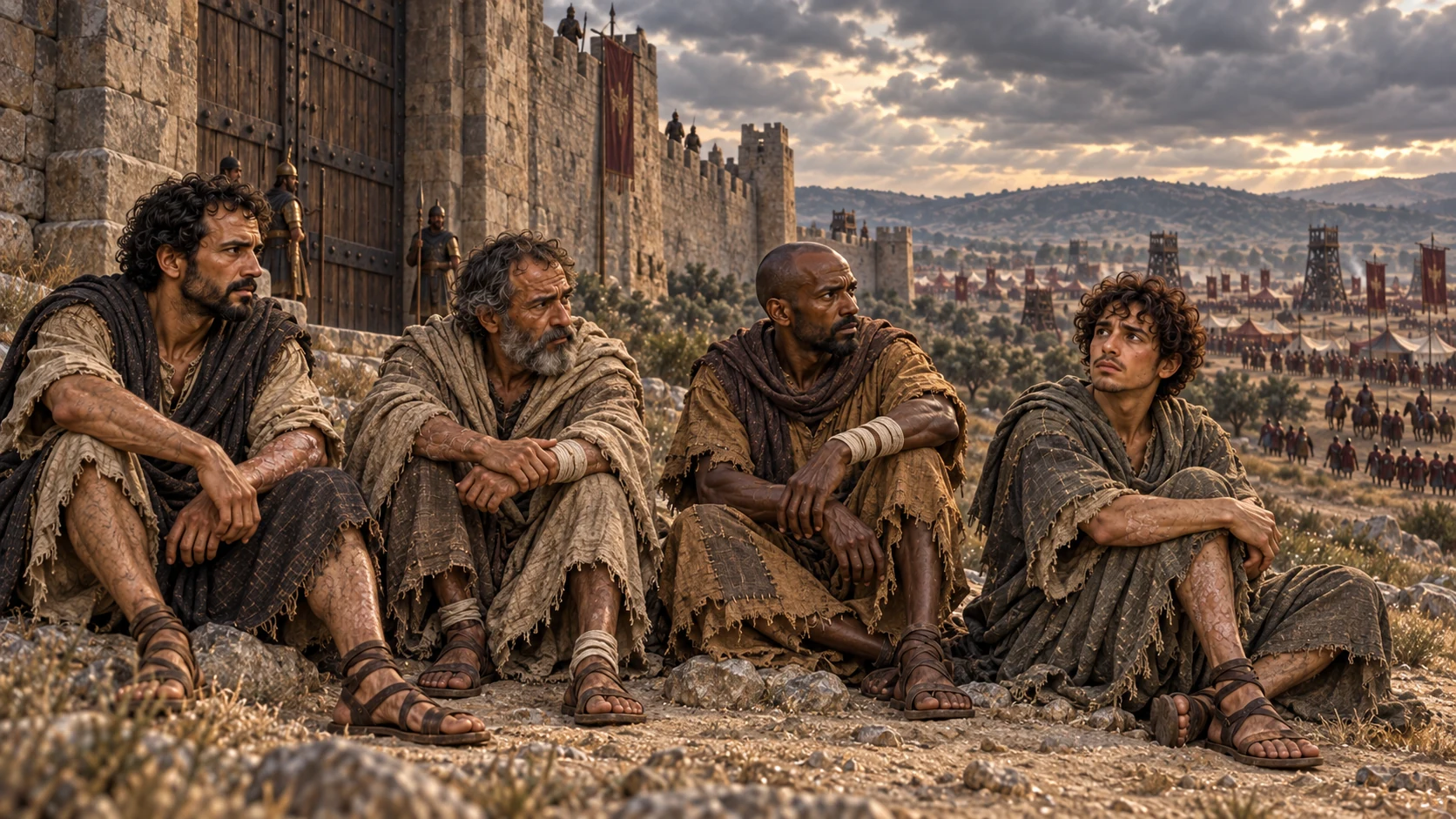 Four men living with an ancient skin disease sit together outside the city gate and ask why they should wait to die.