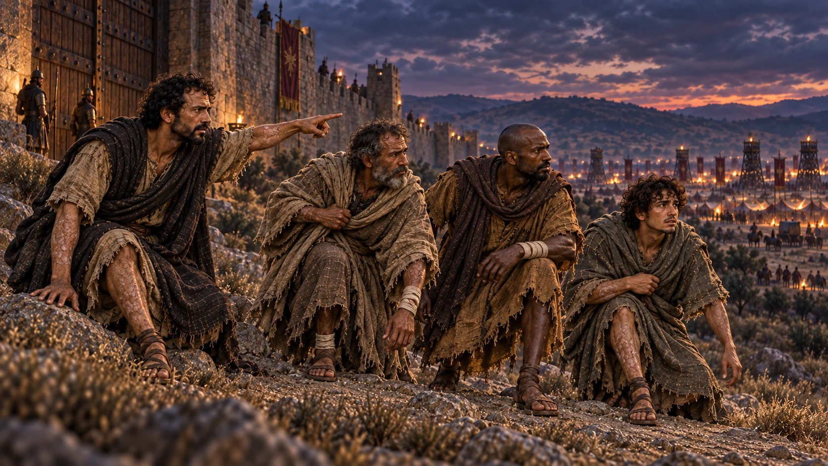 The four men weigh starvation in the city against the risk of going to the Aramean camp, then choose to go.