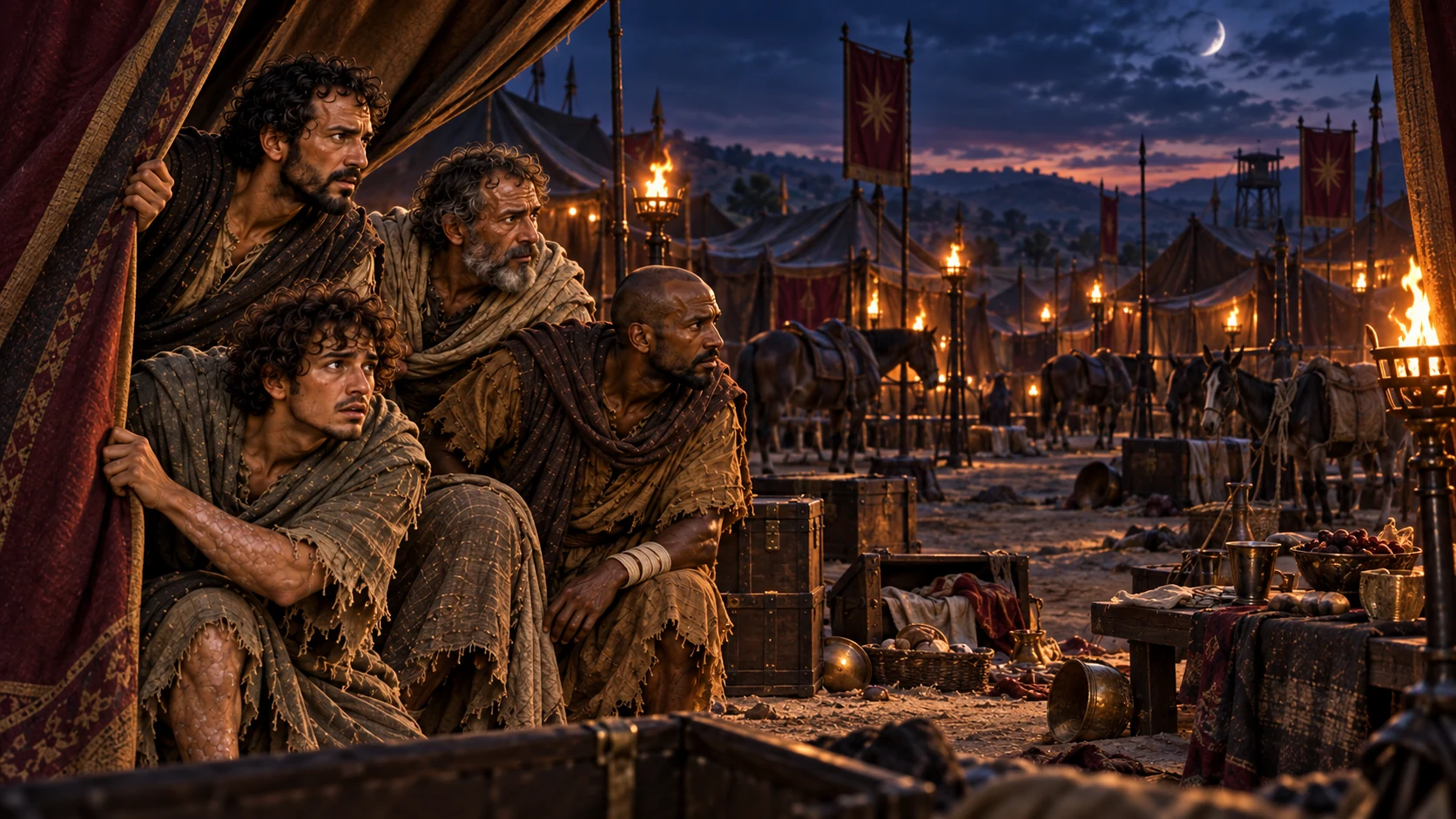 At twilight, the four men reach the edge of the Aramean camp and find its tents strangely empty.