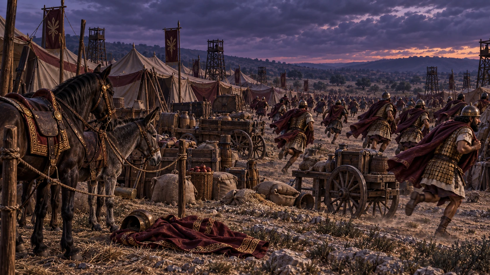 The Arameans abandon their camp in haste, leaving tents, horses, donkeys, and supplies behind.