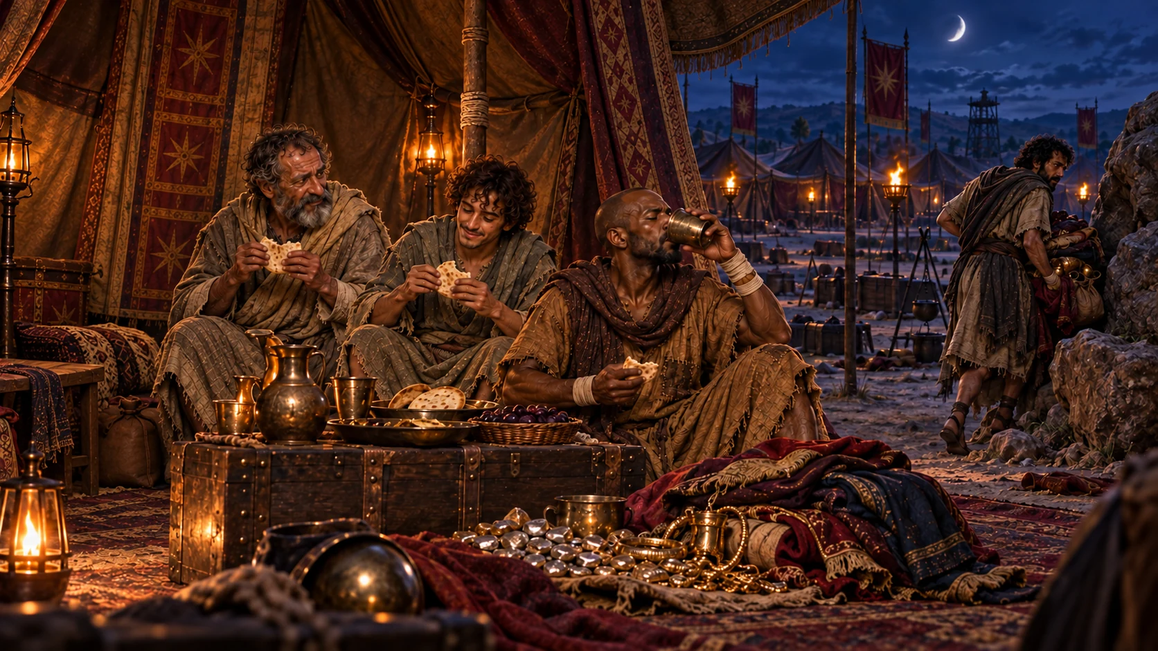 The four men eat and drink in an abandoned tent, gather silver, gold, and clothing, and conceal their first finds.