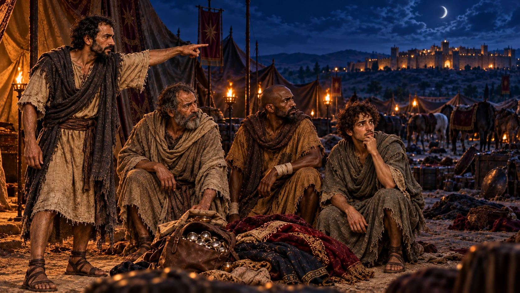 The four men recognize that keeping silent is wrong and decide to report the abandoned camp to the king’s household.