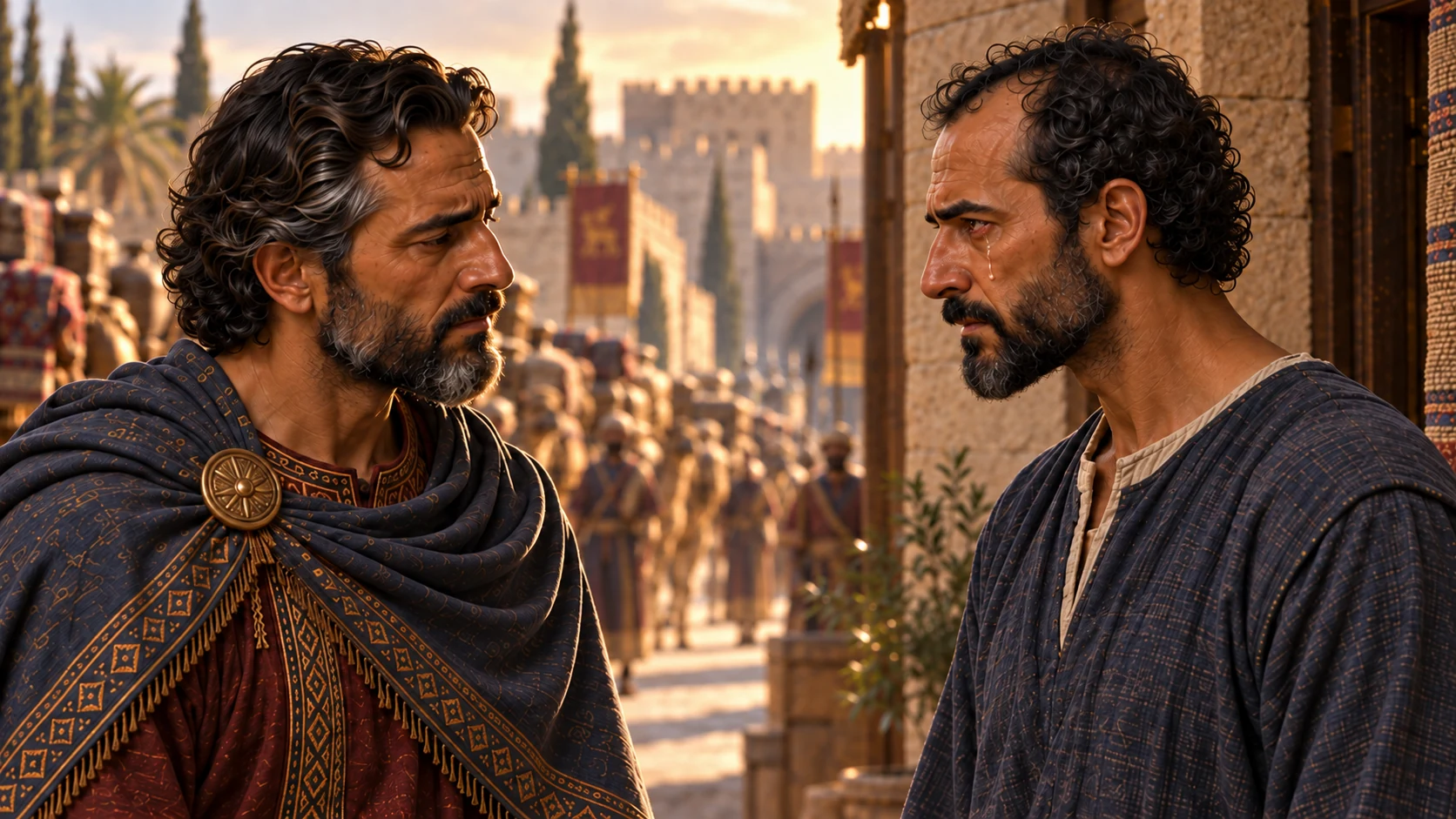 Elisha holds Hazael’s gaze in a tense silence, then breaks into tears.