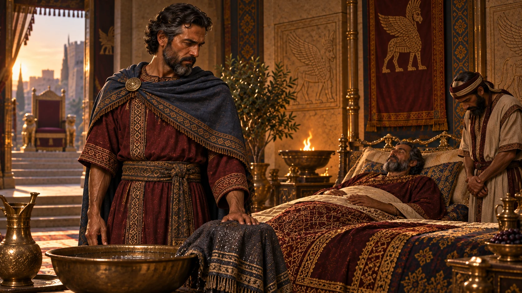 The next day Ben-hadad dies beneath a wet covering cloth, and Hazael takes the throne.