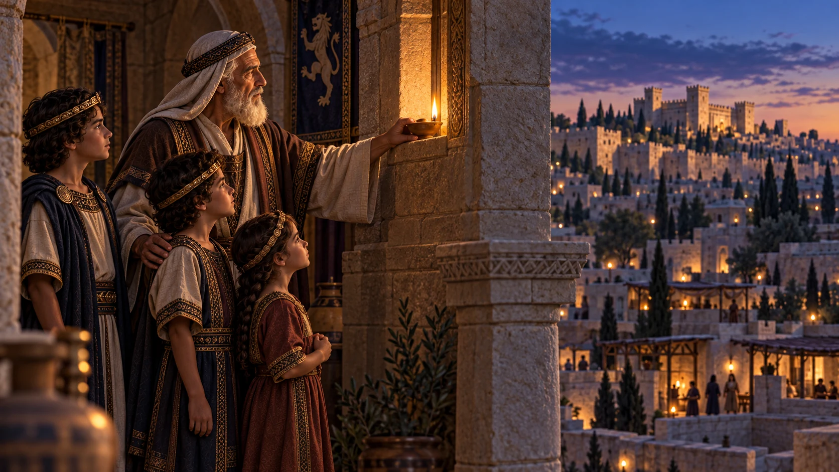 Despite Judah’s king, Yahweh preserves David’s line, pictured by a steady lamp in Jerusalem.
