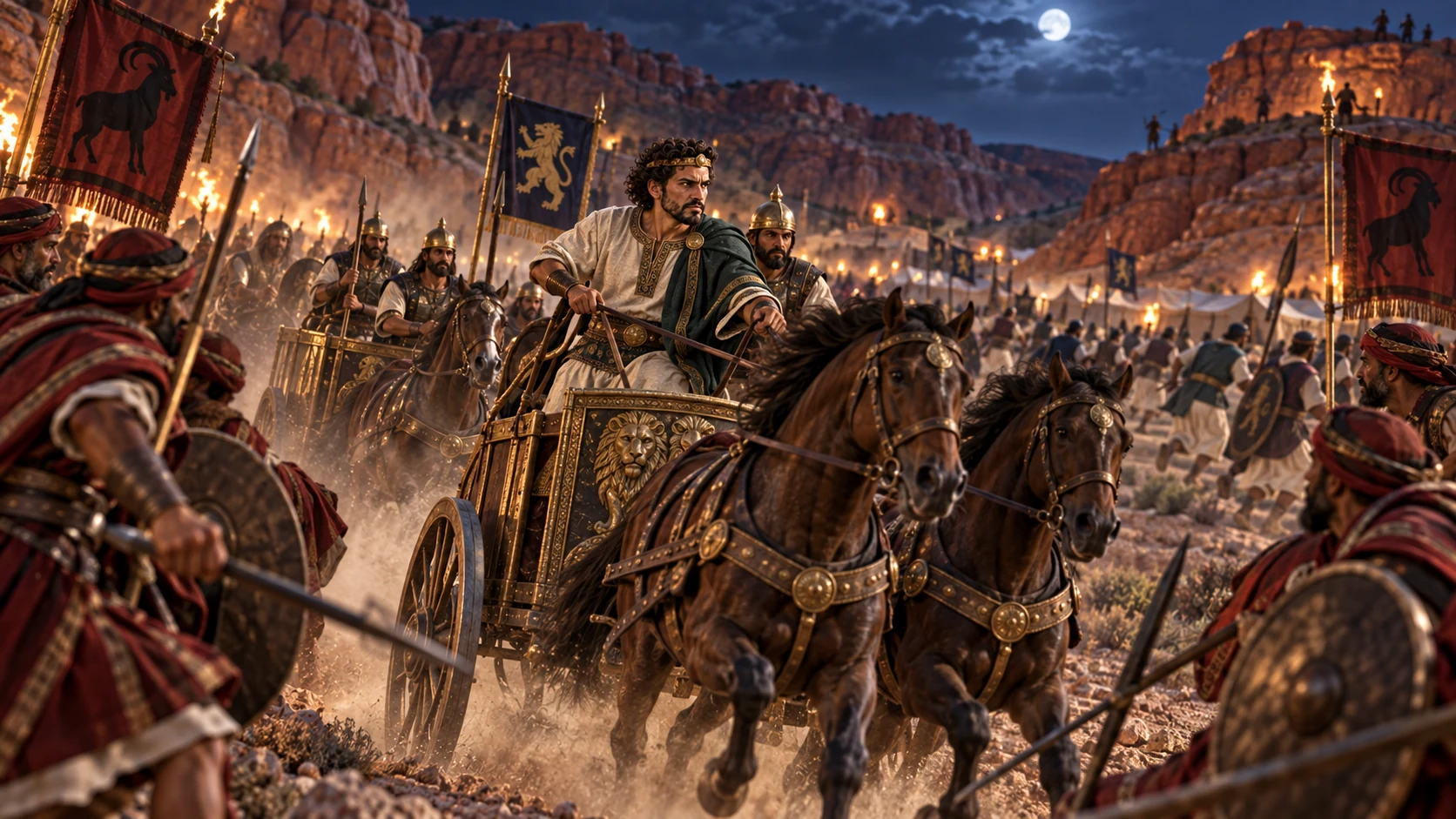 Jehoram of Judah and his chariots break through surrounding Edomites at night while troops scatter.