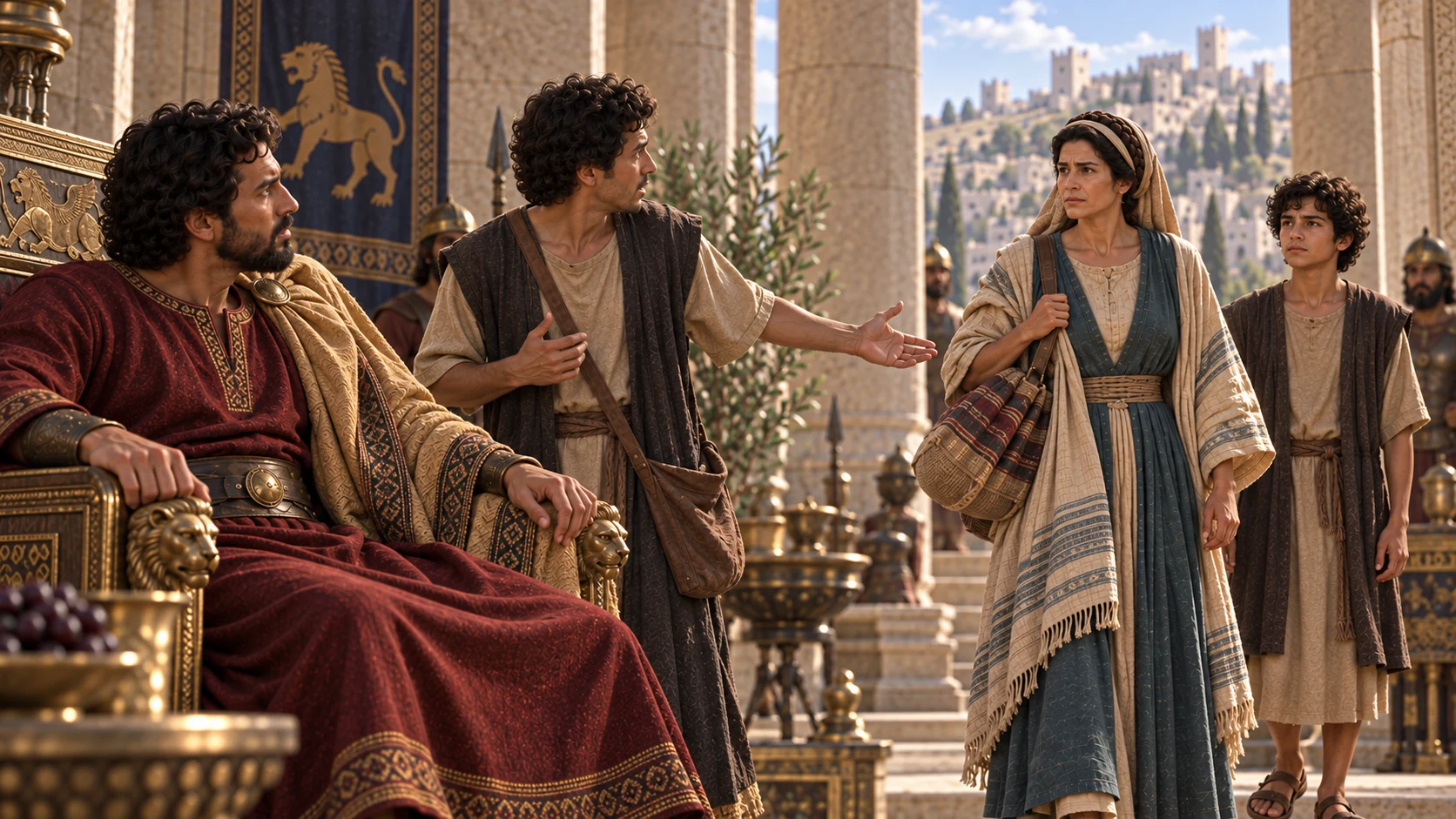 While Gehazi recounts the son’s restoration, the woman and her son arrive to seek their property.