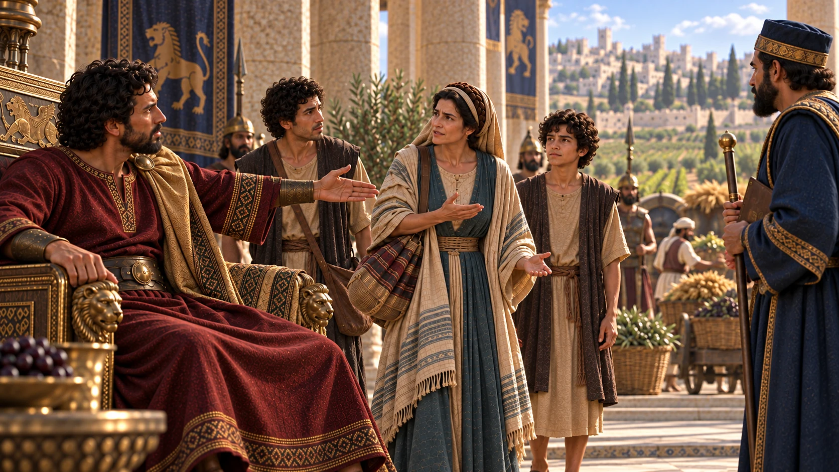After hearing her story, the king directs an official to restore her property and its produce.