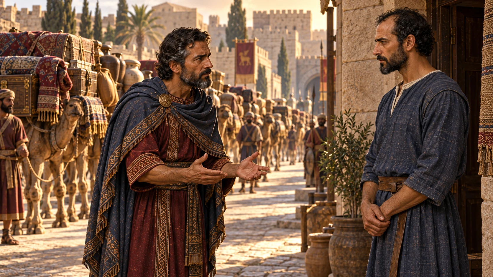 Hazael approaches Elisha with a great procession of gifts and presents the king’s question.
