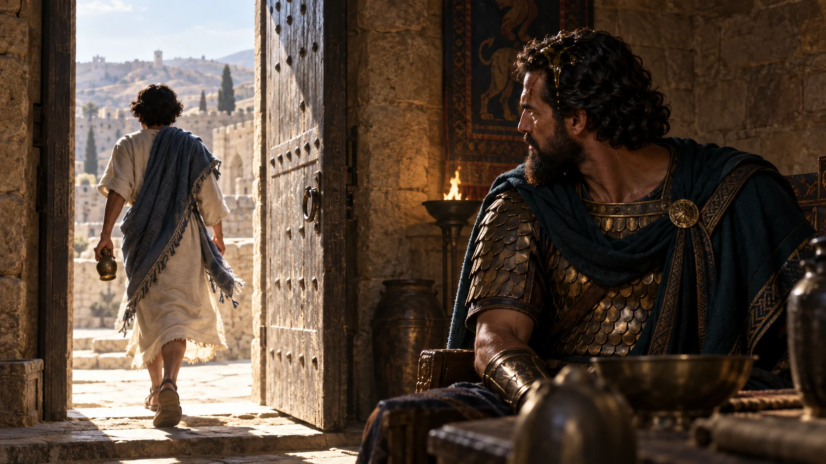 After delivering the final warning concerning Jezebel, the young prophet opens the door and runs away.