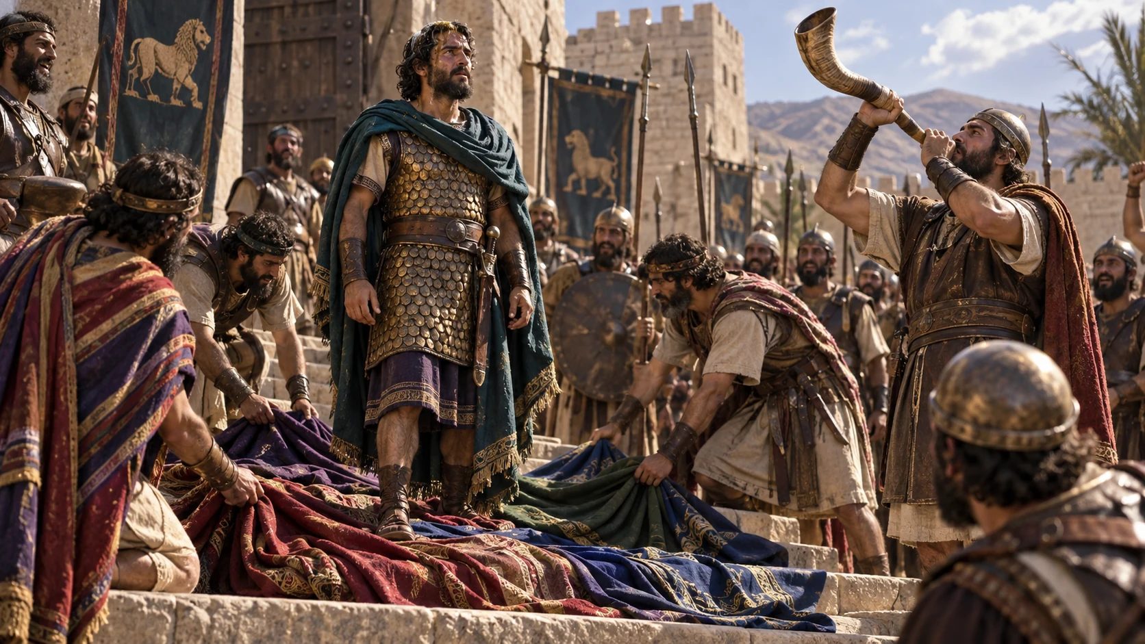 The commanders spread their cloaks beneath Jehu on the steps and sound a horn to acclaim him.