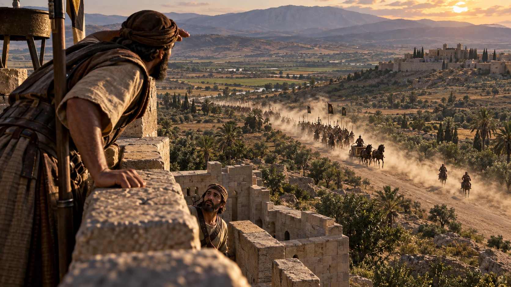 The watchman recognizes Jehu by his forceful chariot driving as both riders remain with him.