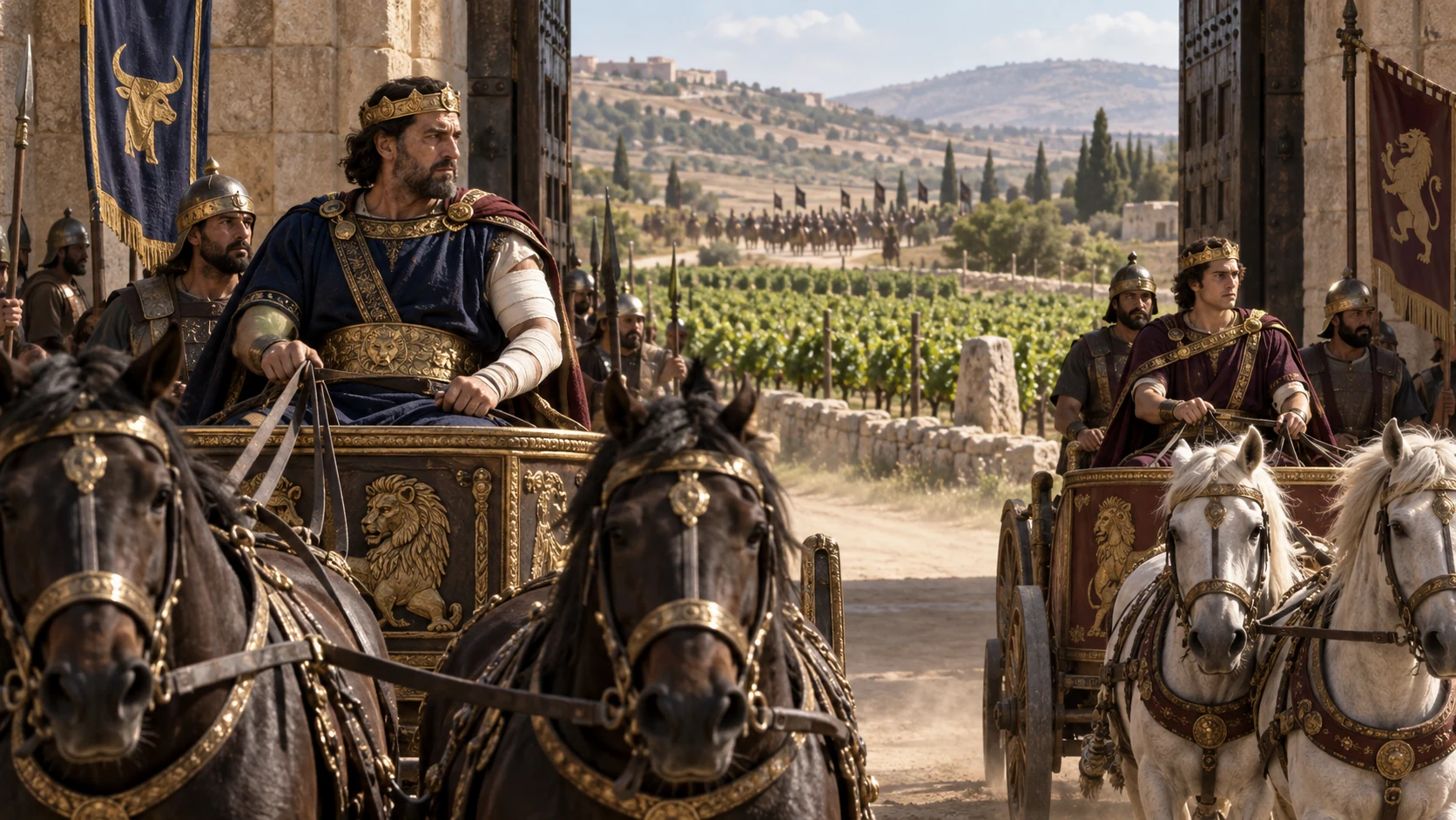 Joram and Ahaziah each ride a chariot out to meet Jehu at Naboth’s former plot of land.