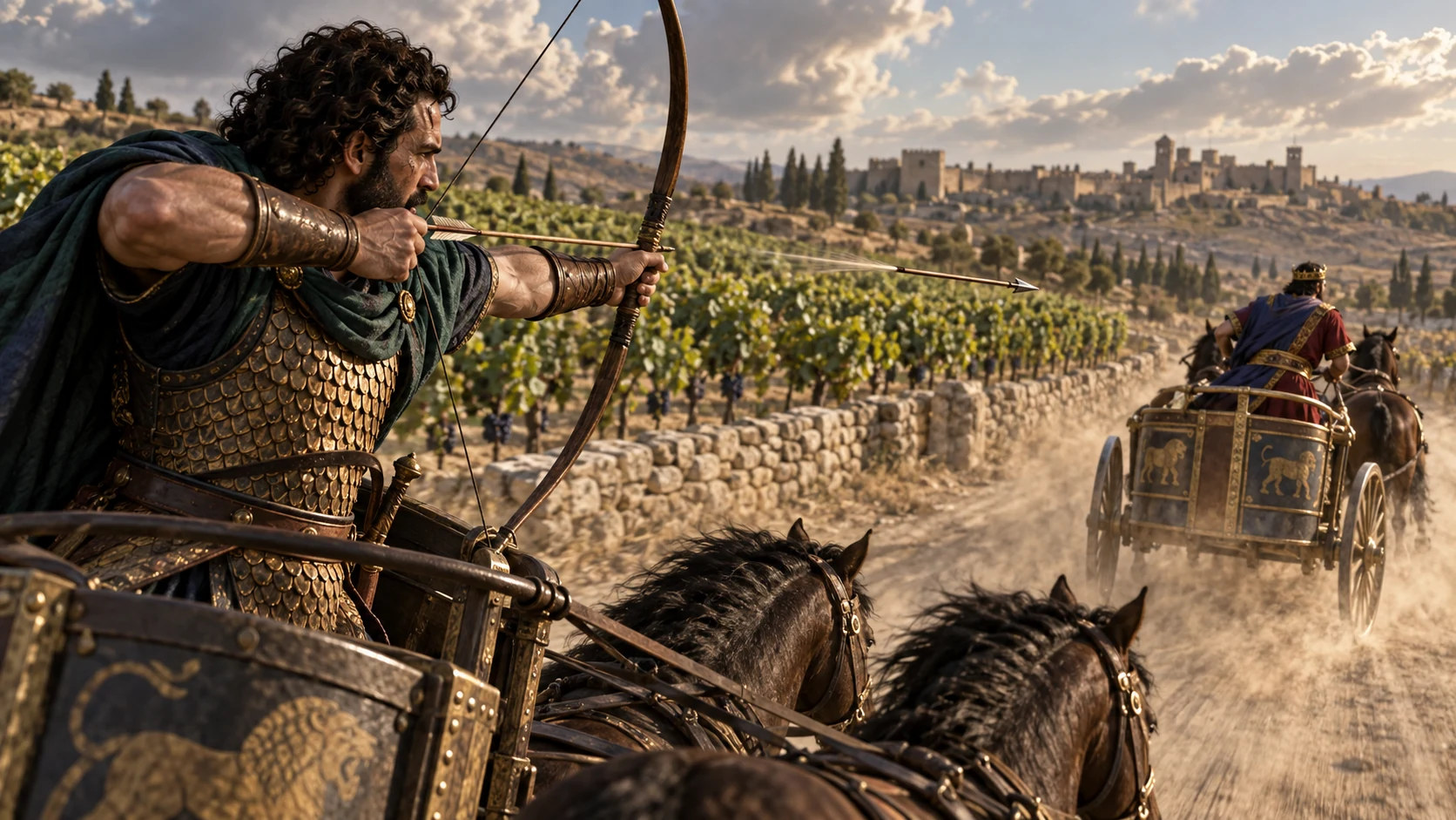 Jehu looses an arrow toward Joram, who collapses in his chariot; the moment is shown without gore.