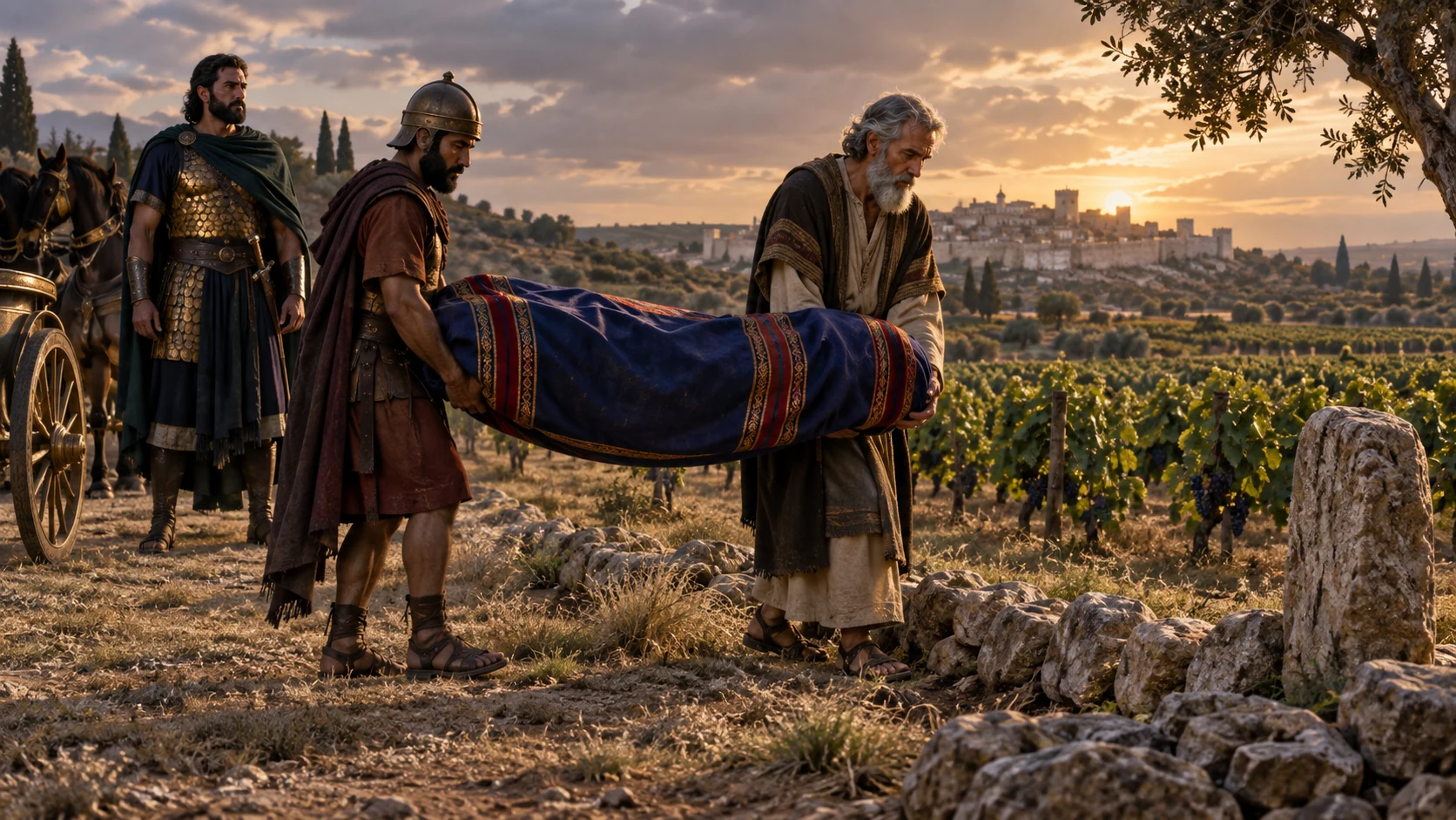 Naboth’s land stands behind Jehu and Bidkar as they remember Yahweh’s warning about innocent blood.