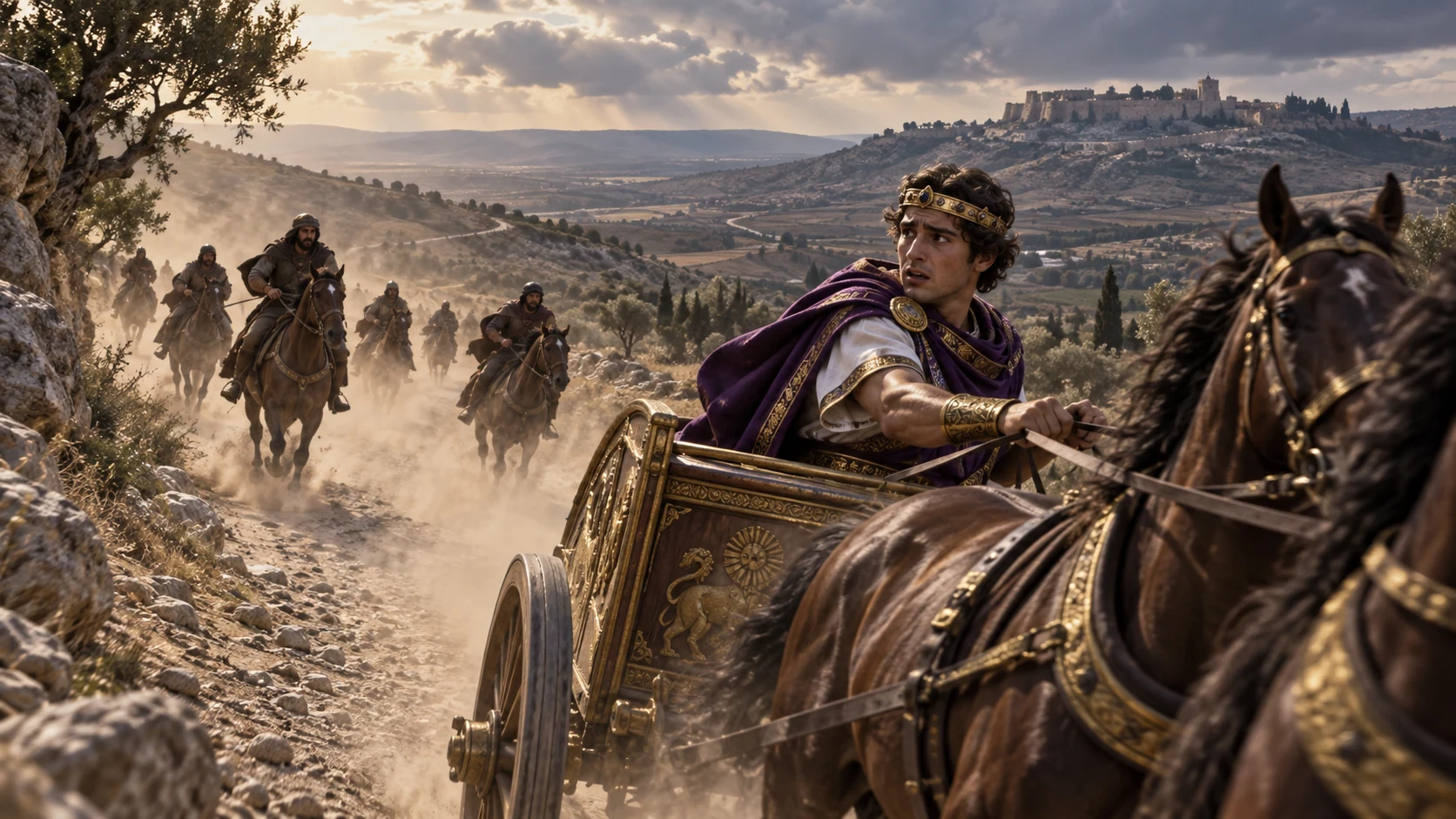 Ahaziah flees toward Megiddo after being struck in pursuit and dies there, away from the road.