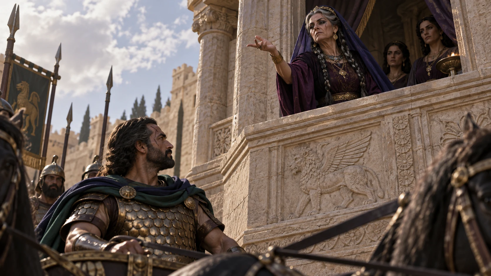 From her window, Jezebel challenges Jehu as he enters the gate below.