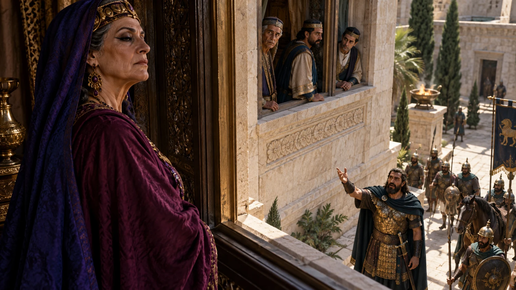 Jehu looks up and calls for allies; two or three palace officials lean out beside Jezebel.