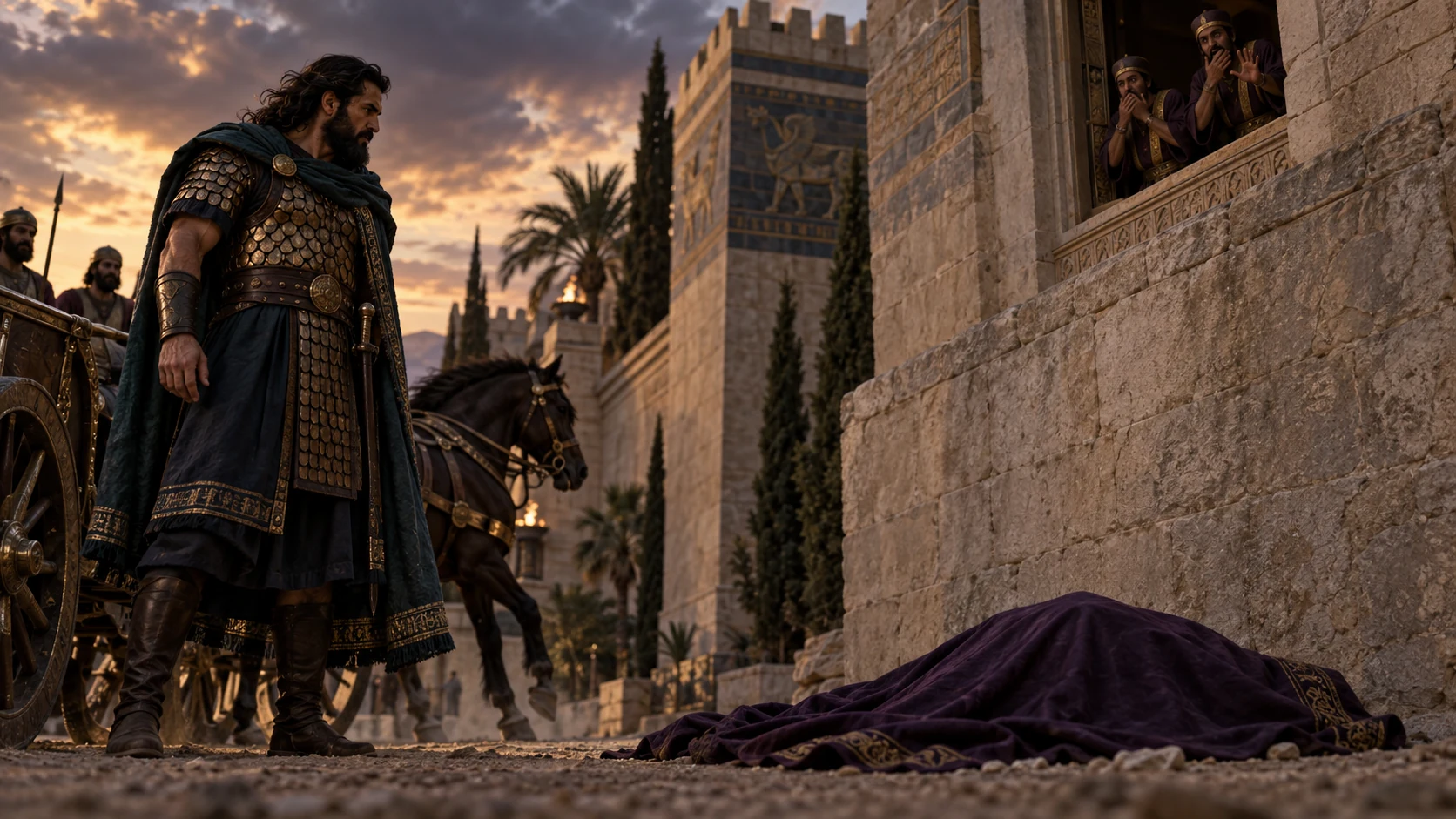Jehu commands the officials; the aftermath at the palace gate is shown without graphic injury.