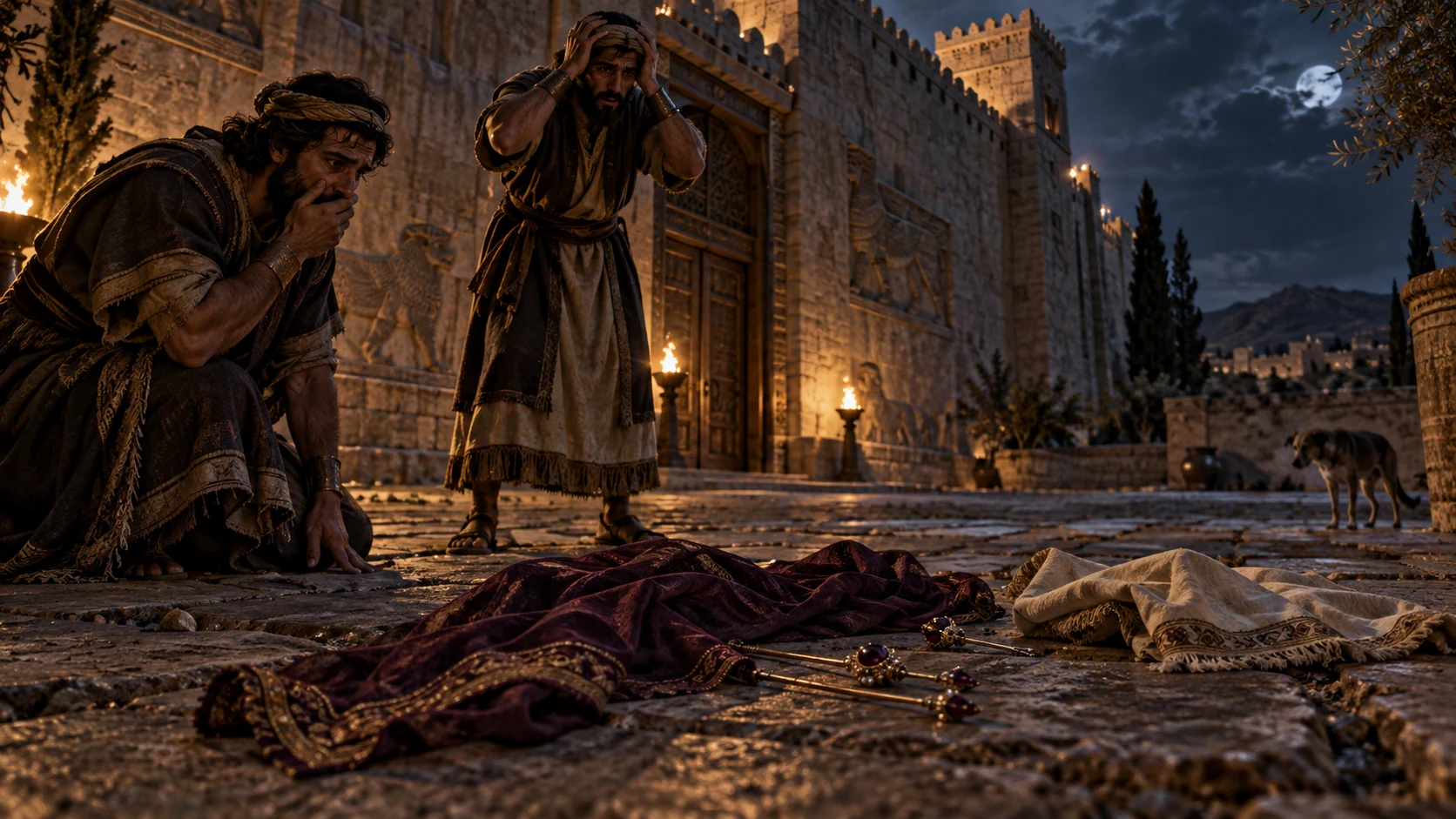 The attendants return from their search with only scant remains respectfully covered, unable to bury Jezebel.