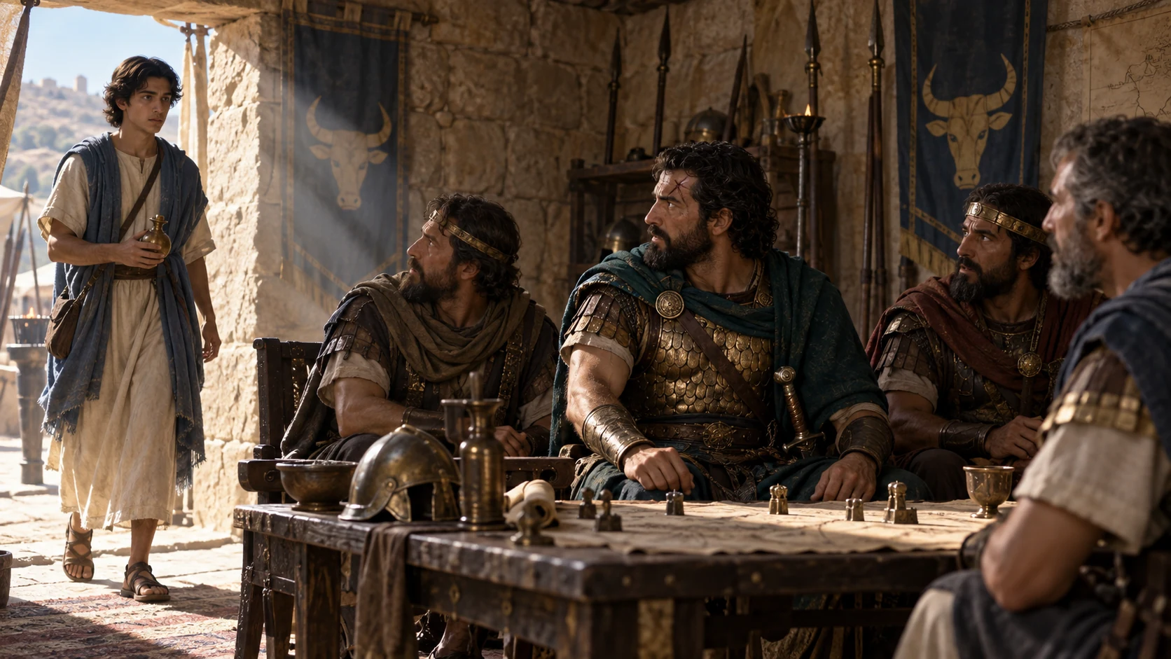 Before the seated commanders, the messenger identifies Jehu as the man he must address.