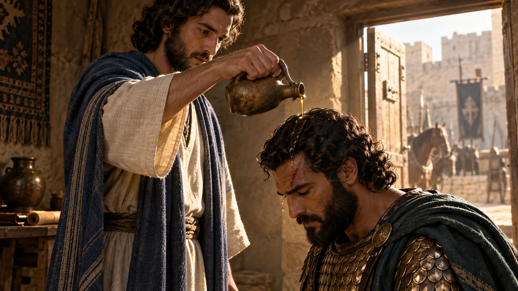 In a private room, the young prophet pours oil on Jehu’s head and names him king over Israel.