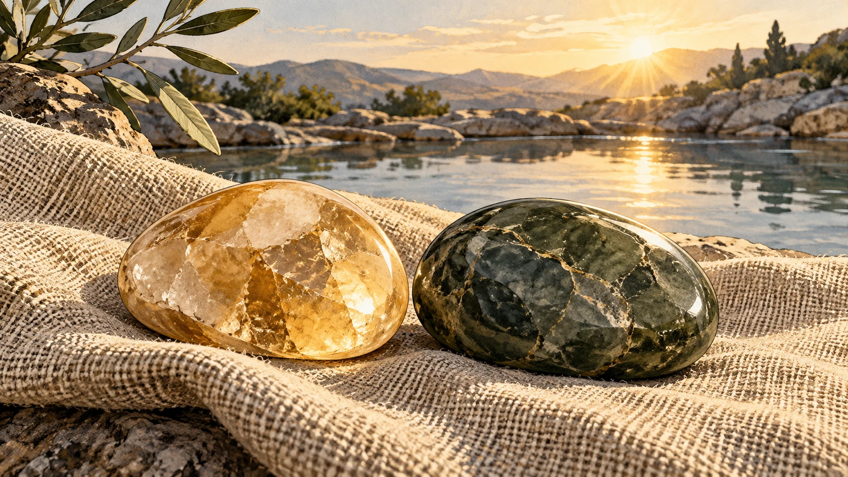 Two polished stones rest on linen beside a quiet dawn-lit pool.