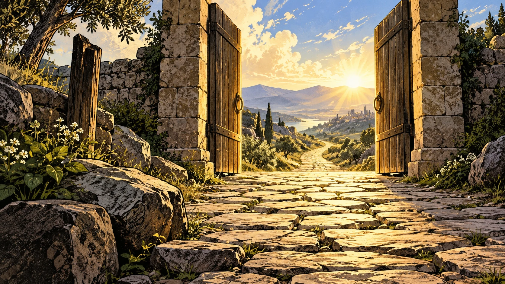 An ancient stone path leads through open timber gates into sunlight.