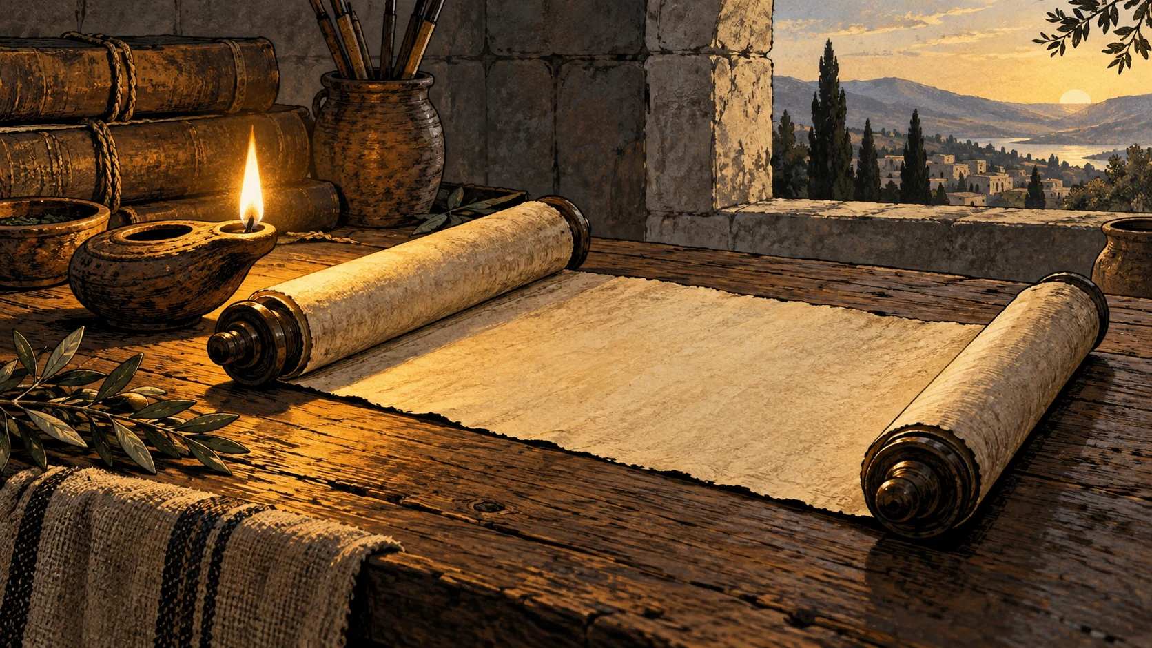 A blank open scroll rests beside a burning clay lamp on a desk.