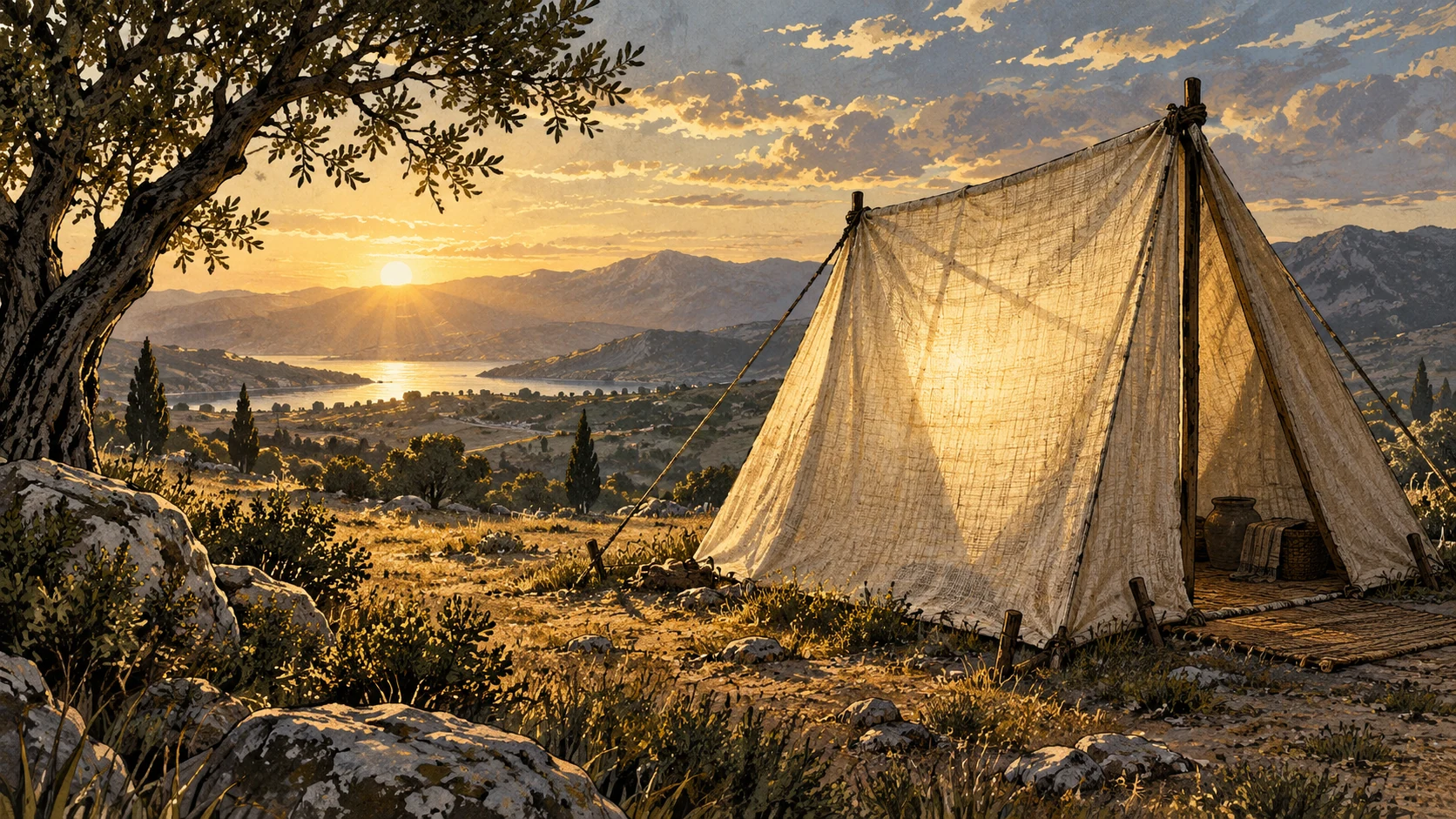 An empty linen tent stands on a sunlit hillside.