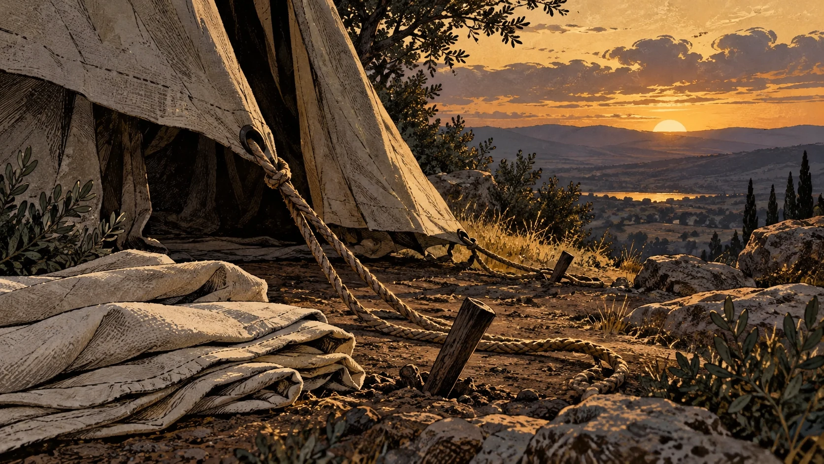 Loose tent cords, a peg, and folded linen lie in evening light.