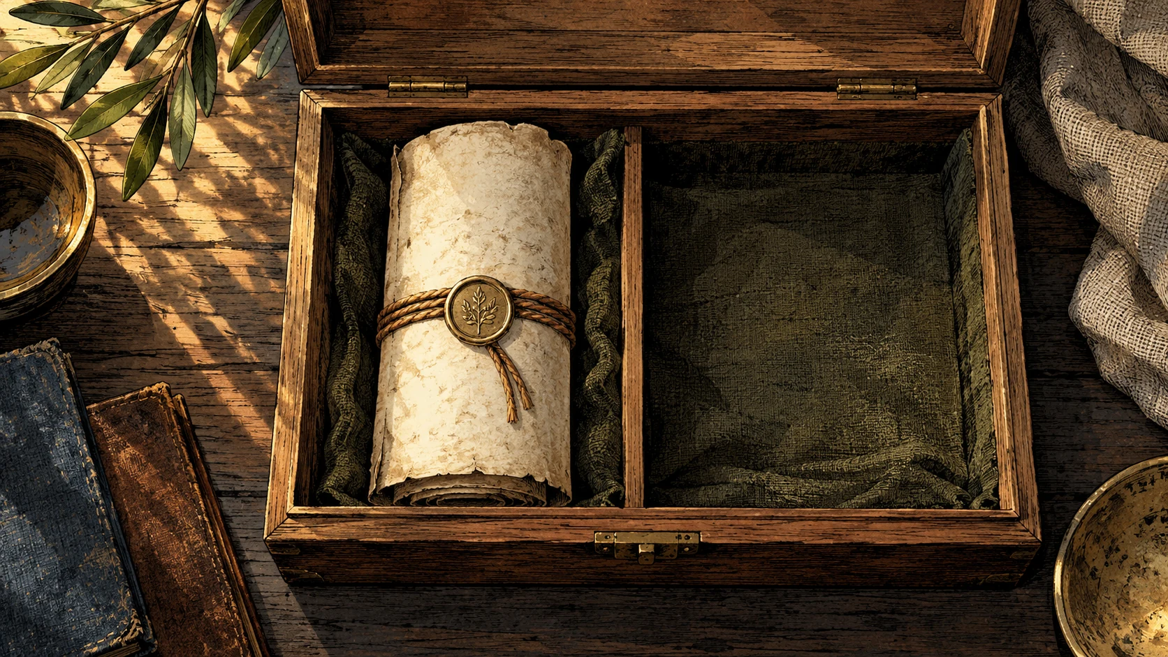 A rolled scroll rests in an open wooden box beside an empty compartment.