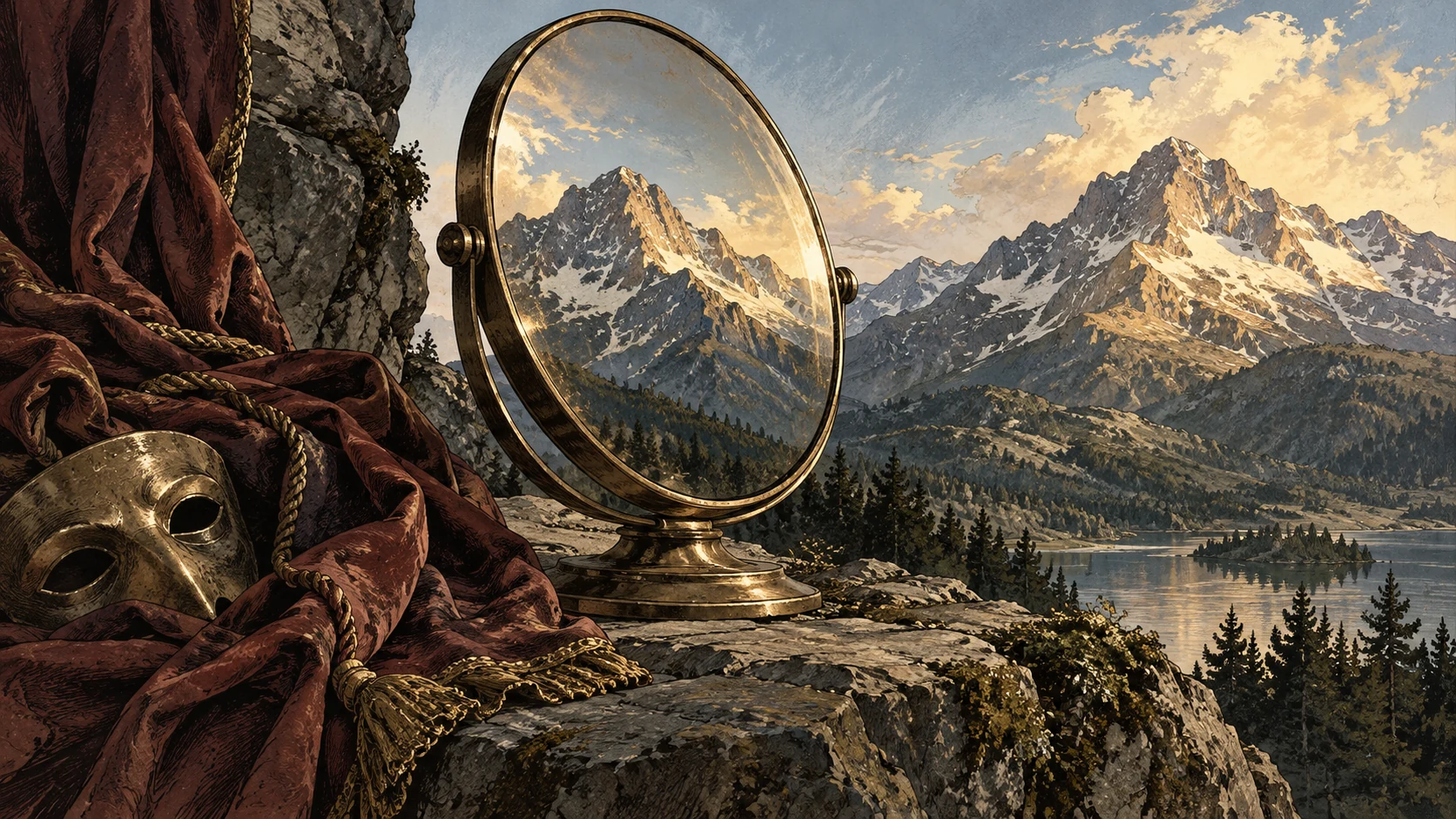 A bronze mirror reflects a mountain beside theatrical cloth and a mask.