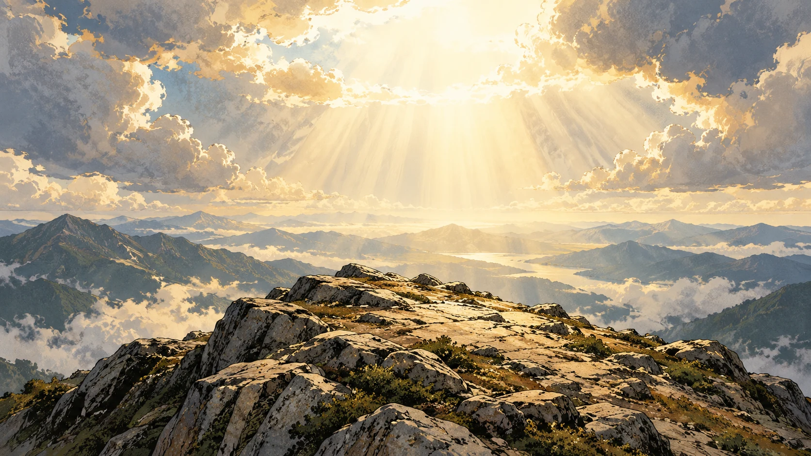 An unoccupied summit lies beneath light breaking through clouds.