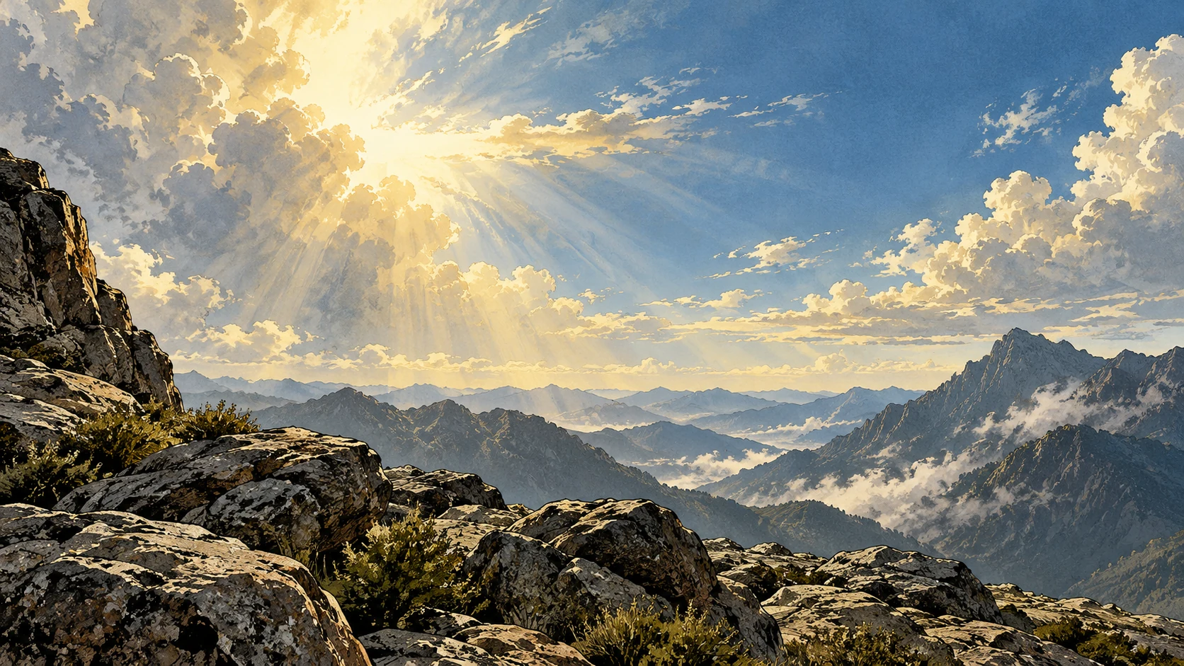 A rocky ledge overlooks distant mountains and a vast open sky.
