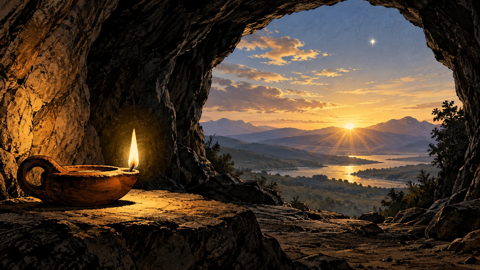 A clay lamp burns inside a cave overlooking dawn and a bright star.