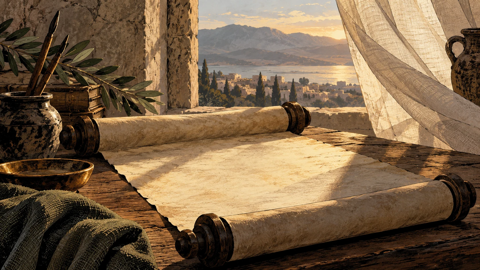 A blank scroll lies beside a curtain lifted by a breeze.