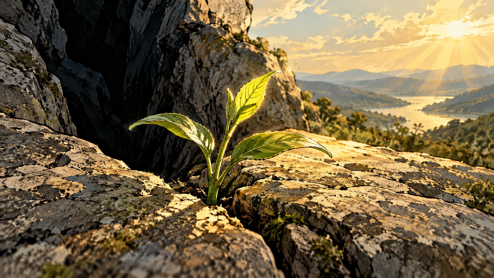 A green shoot emerges from a dark fissure in sunlit stone.