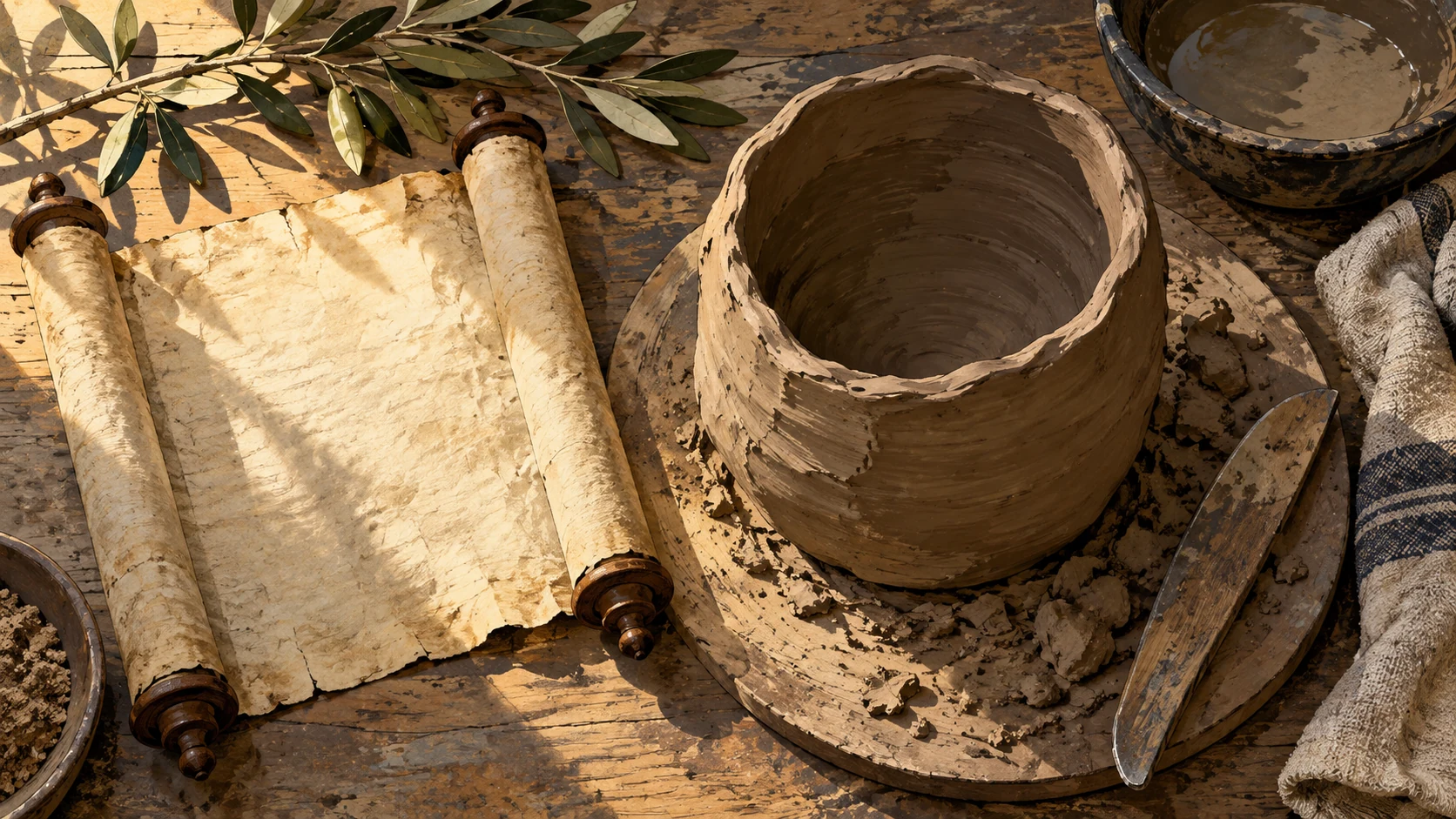 A blank scroll lies beside an unfinished clay vessel and shaping tool.