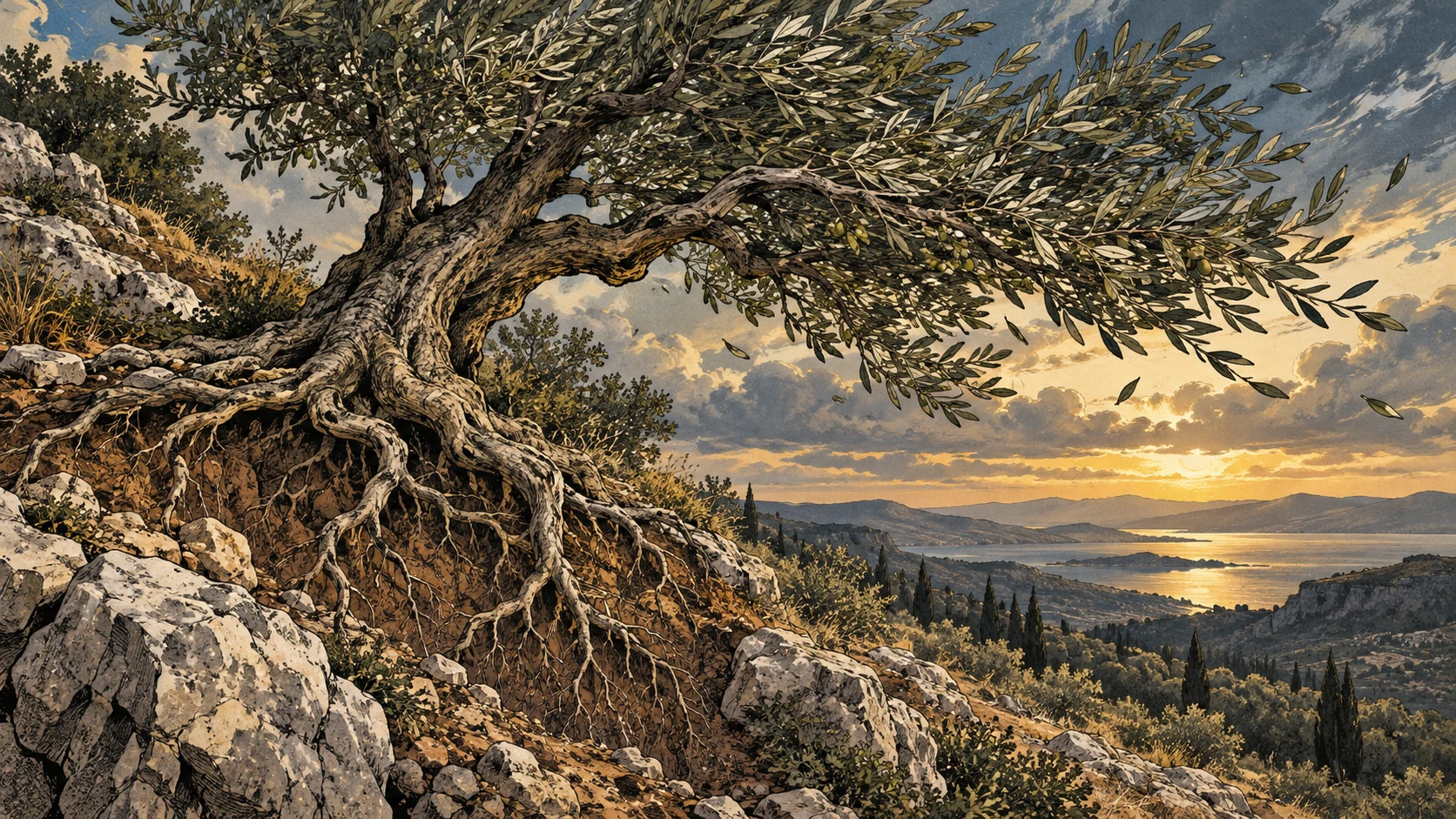 A wind-bent olive tree remains rooted in a rocky hillside.