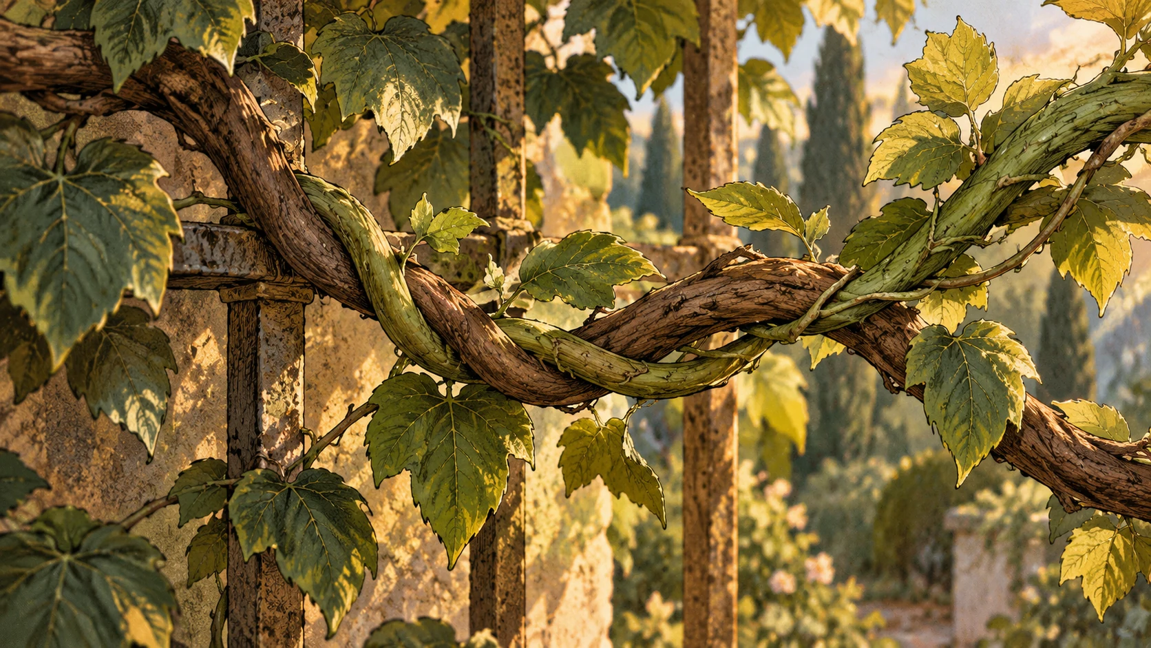 Two leafy branches intertwine across a garden trellis.