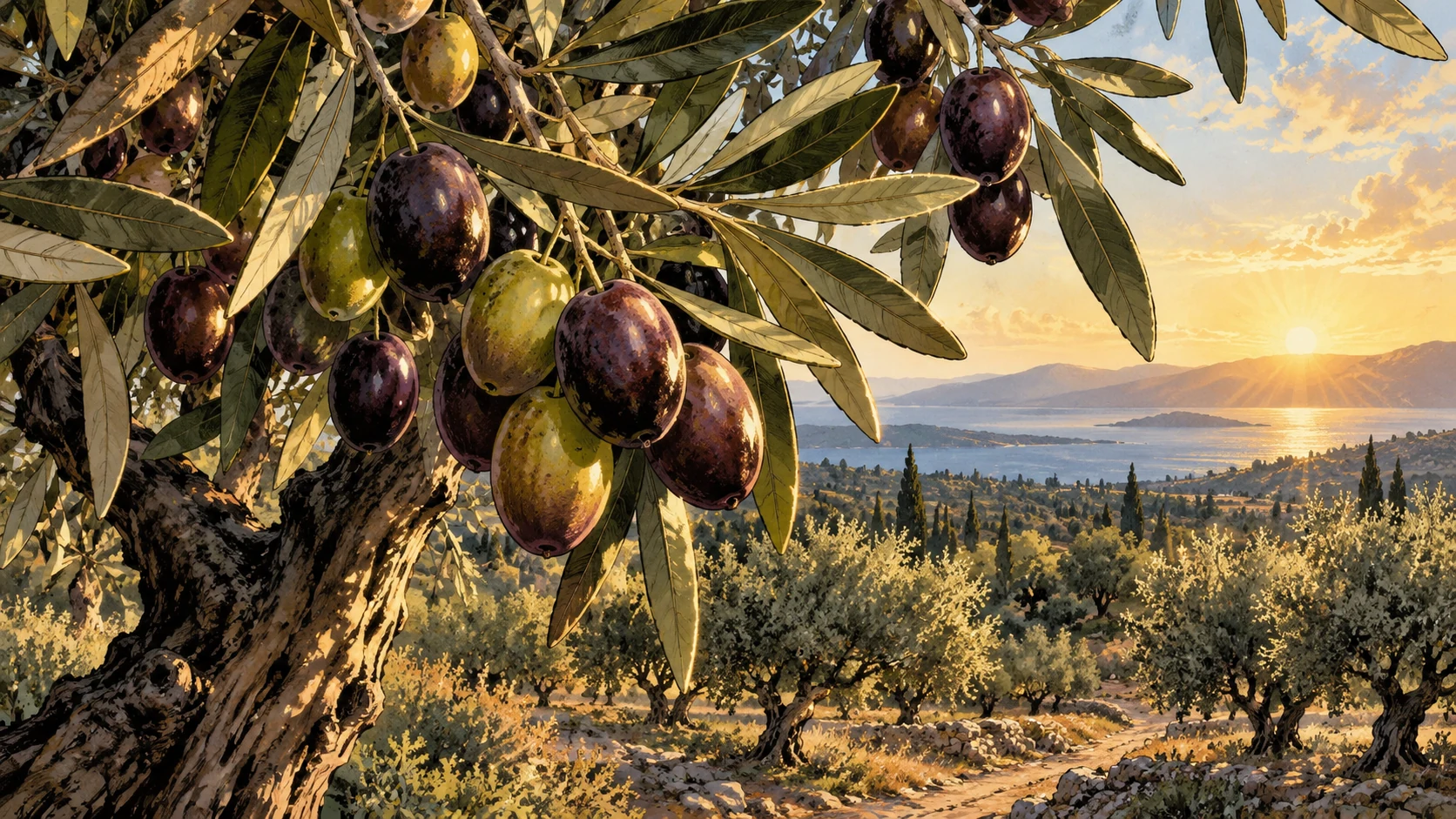 Ripe olives hang above a sunlit cultivated grove.